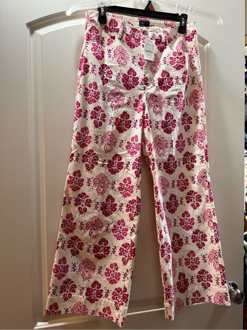 J. Crew Cream Pants with Pink Floral Allover Print